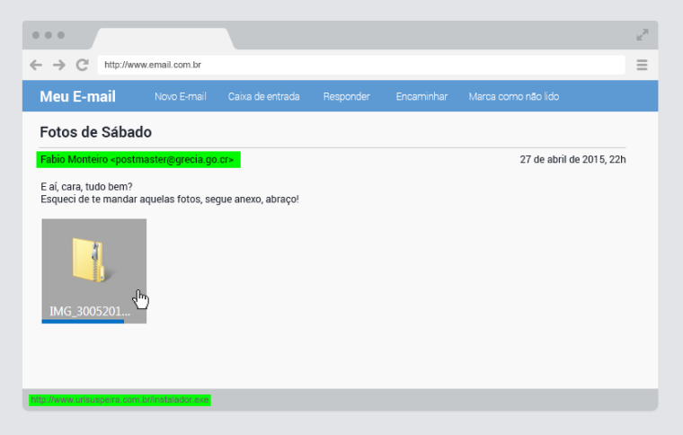Nesse caso, a imagem de download é um link falso. Conferindo o remetente e o link na barra inferior você percebe o golpe.