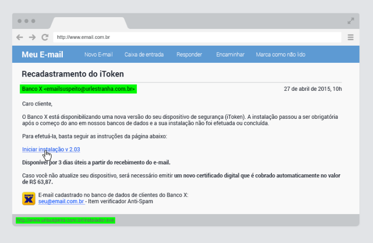 O remetente e o url indicado na barra inferior são bons segredos para se proteger do phishing.